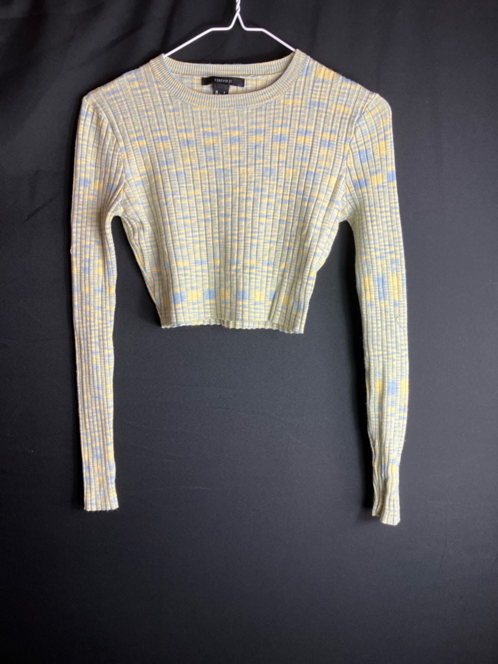 Forever 21 Pale Yellow Ribbed Cropped Long Sleeve Tee with Blue Marled Accents